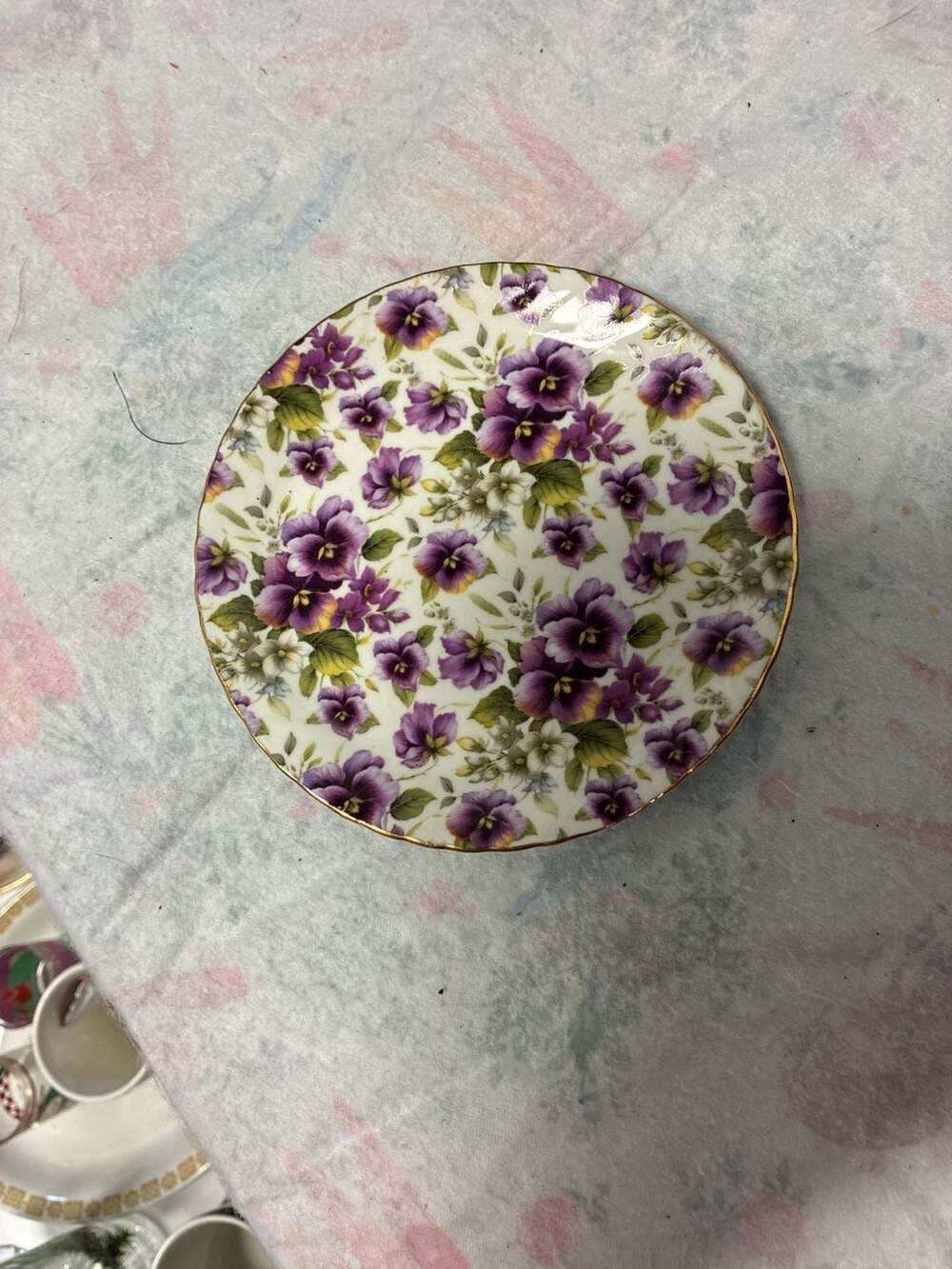 Formalities by Baum Bros Purple Pansy Chintz Decorative Plate with Gold Trim